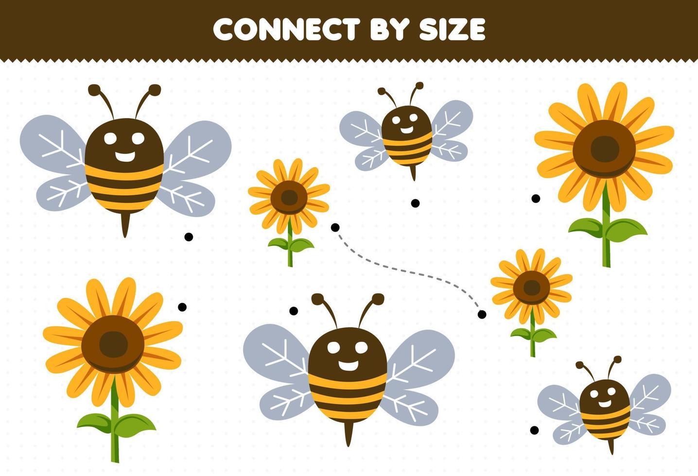 pedagogisk spel för barn ansluta förbi de storlek av söt tecknad serie bi och solros tryckbar bruka kalkylblad vektor