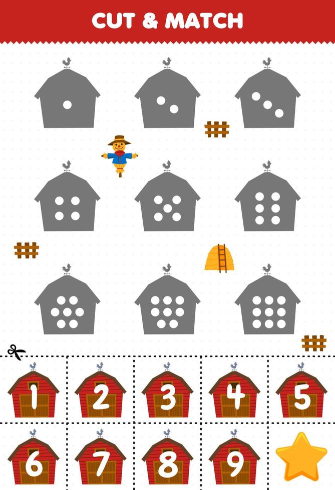 Lernspiel für Kinder Zählen Sie die Punkte auf jeder Silhouette und ordnen Sie sie dem druckbaren Farm-Arbeitsblatt mit der korrekten Scheune zu vektor