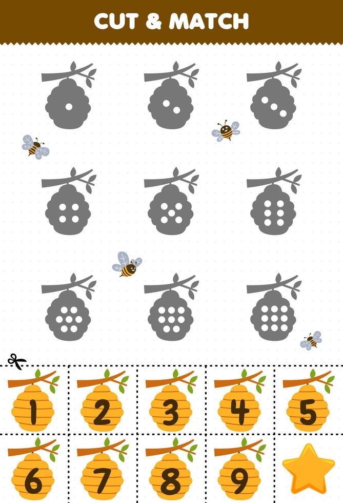 pedagogisk spel för barn räkna de prickar på varje silhuett och match dem med de korrekt numrerad bikupa tryckbar bruka kalkylblad vektor