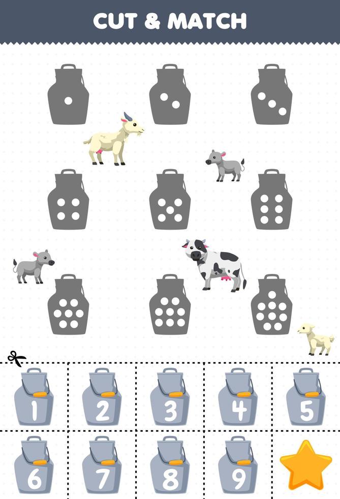 pedagogisk spel för barn räkna de prickar på varje silhuett och match dem med de korrekt numrerad mjölk behållare tryckbar bruka kalkylblad vektor