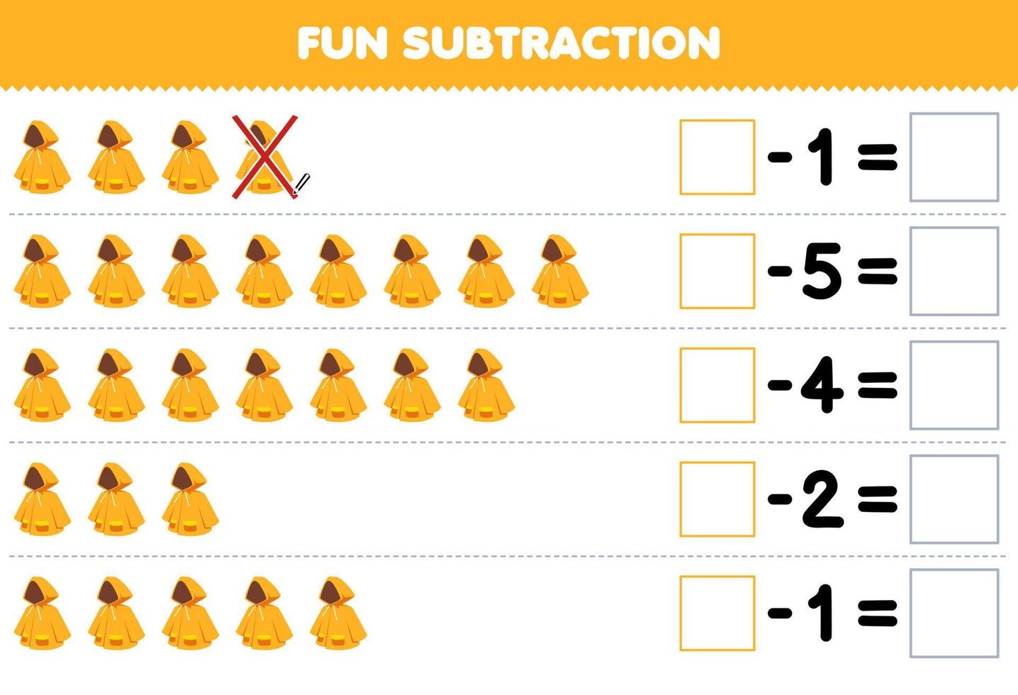 utbildning spel för barn roligt subtraktion förbi räkning tecknad serie gul regnkappa i varje rad och eliminera den tryckbar wearable kläder kalkylblad vektor