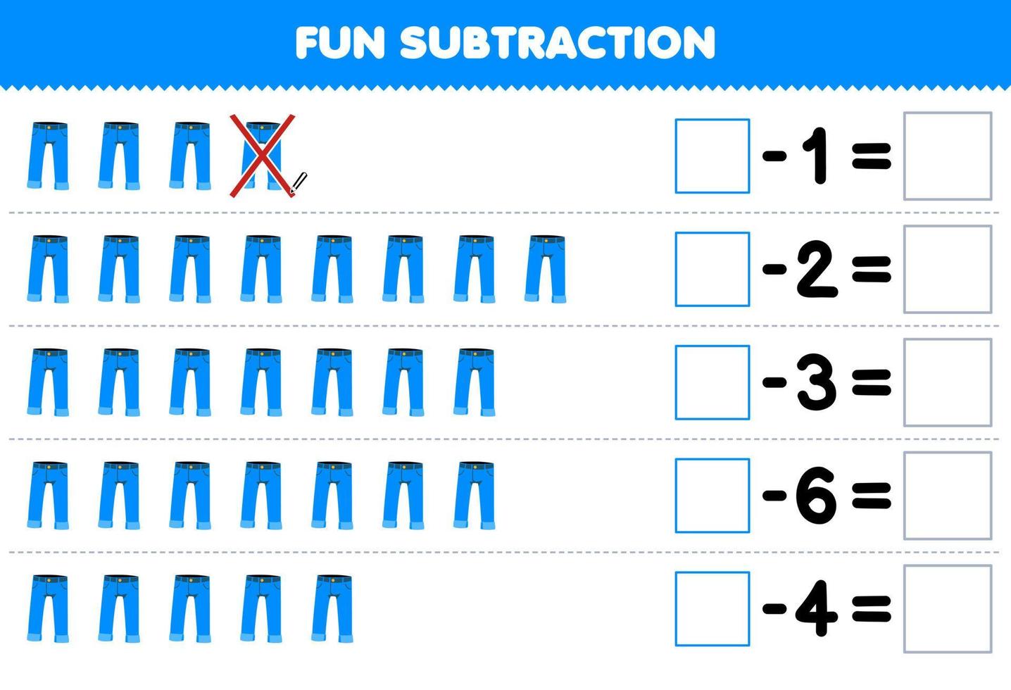 utbildning spel för barn roligt subtraktion förbi räkning tecknad serie blå jean flämta i varje rad och eliminera den tryckbar wearable kläder kalkylblad vektor