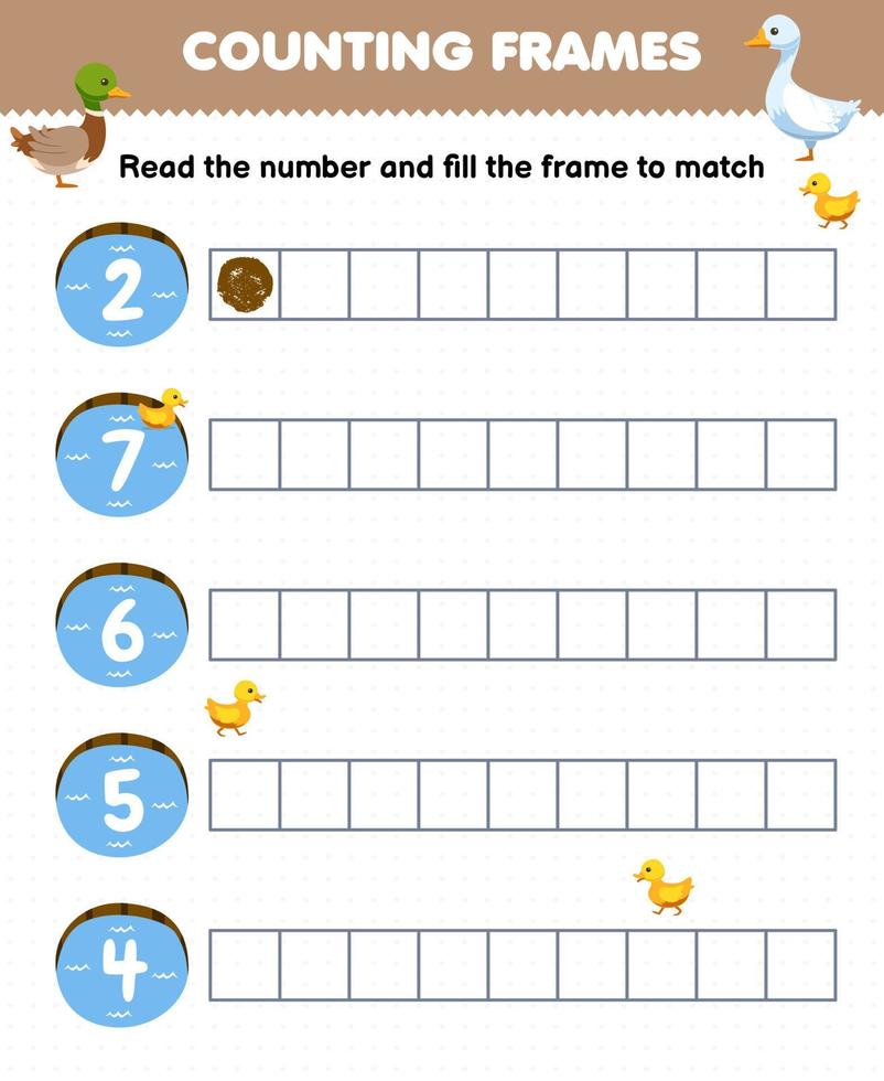 pedagogisk spel för barn läsa de siffra och fylla de ramar av söt tecknad serie Anka damm tryckbar bruka kalkylblad vektor