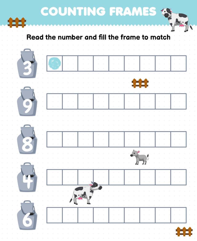pedagogisk spel för barn läsa de siffra och fylla de ramar av söt tecknad serie ko mjölk behållare tryckbar bruka kalkylblad vektor