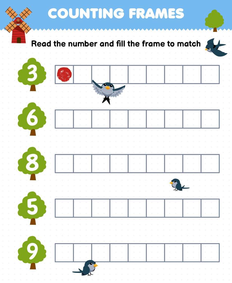 pedagogisk spel för barn läsa de siffra och fylla de ramar av söt tecknad serie träd tryckbar bruka kalkylblad vektor
