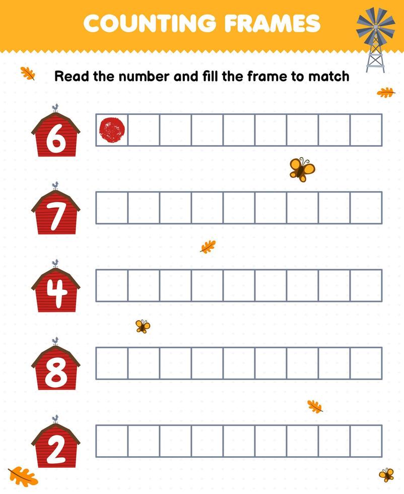 pedagogisk spel för barn läsa de siffra och fylla de ramar av söt tecknad serie ladugård tryckbar bruka kalkylblad vektor