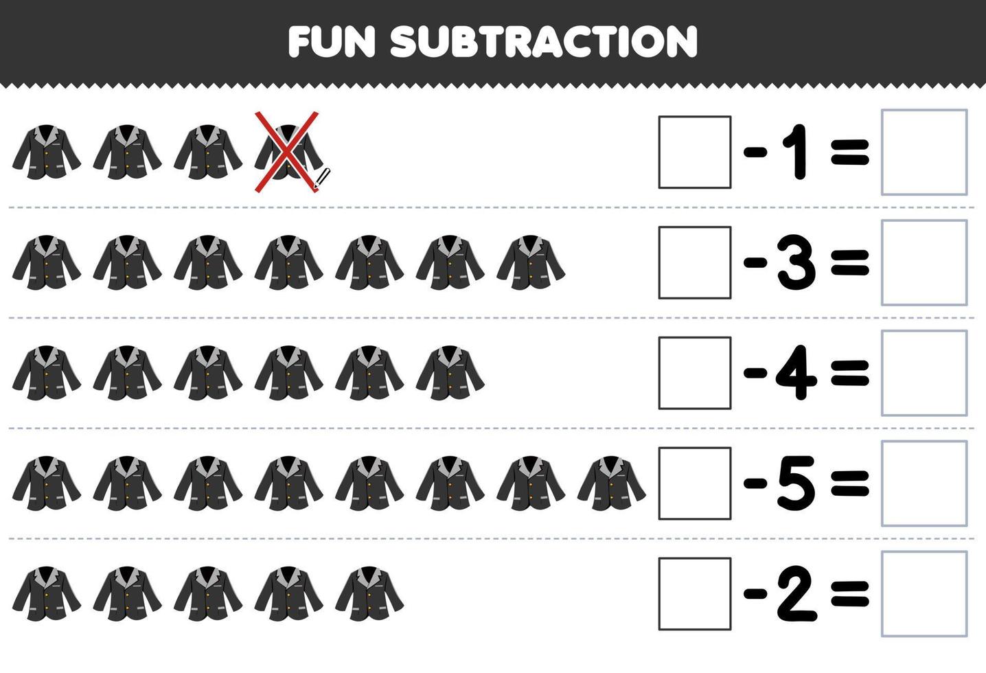 utbildning spel för barn roligt subtraktion förbi räkning tecknad serie svart blazer kostym i varje rad och eliminera den tryckbar wearable kläder kalkylblad vektor