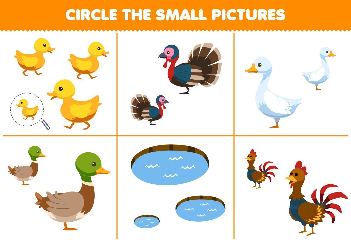 utbildning spel för barn cirkel de små bild av söt tecknad serie Anka Kalkon gås ankunge damm kyckling tryckbar bruka kalkylblad vektor