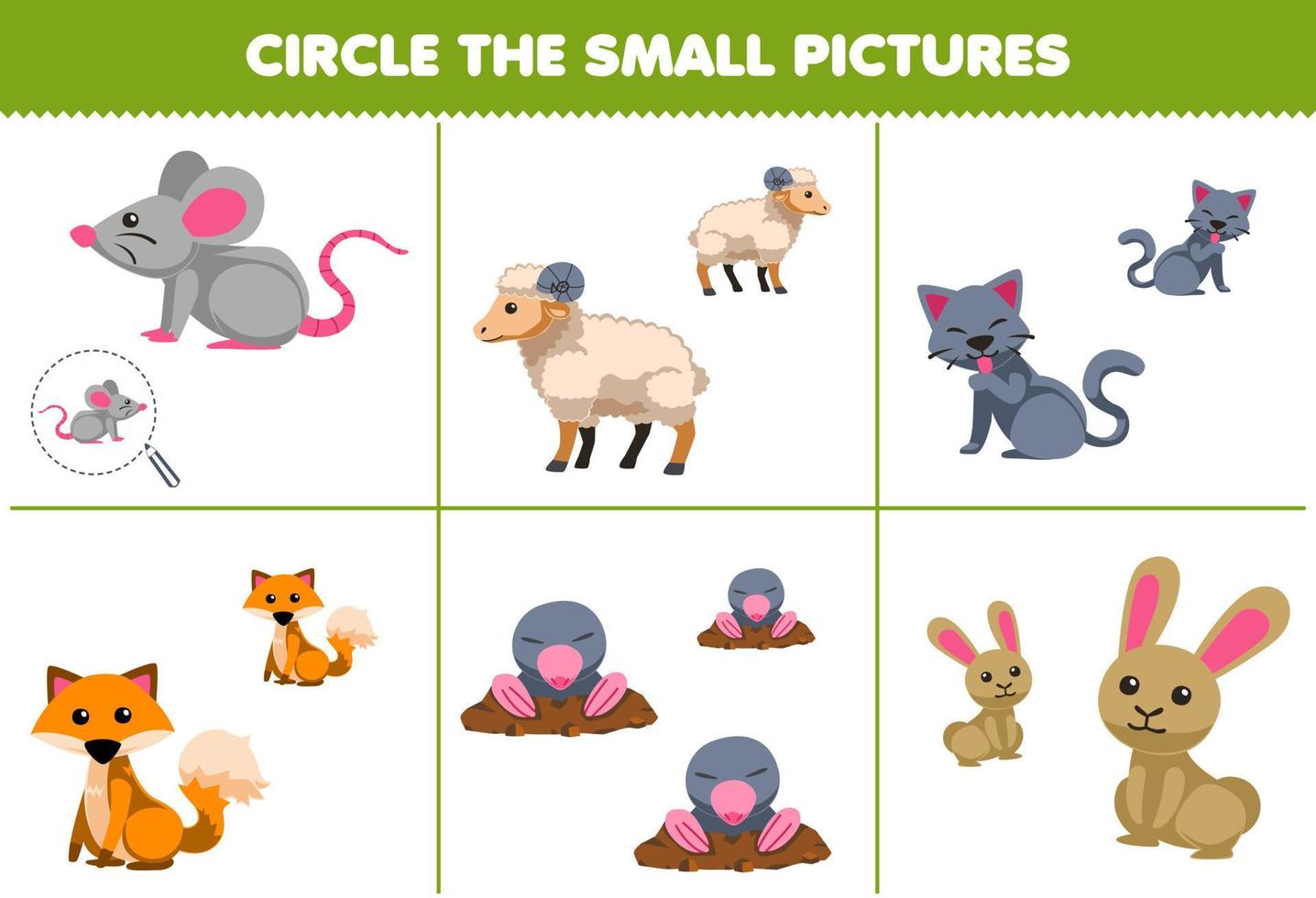 utbildning spel för barn cirkel de små bild av söt tecknad serie mus får katt räv mol kanin tryckbar bruka kalkylblad vektor