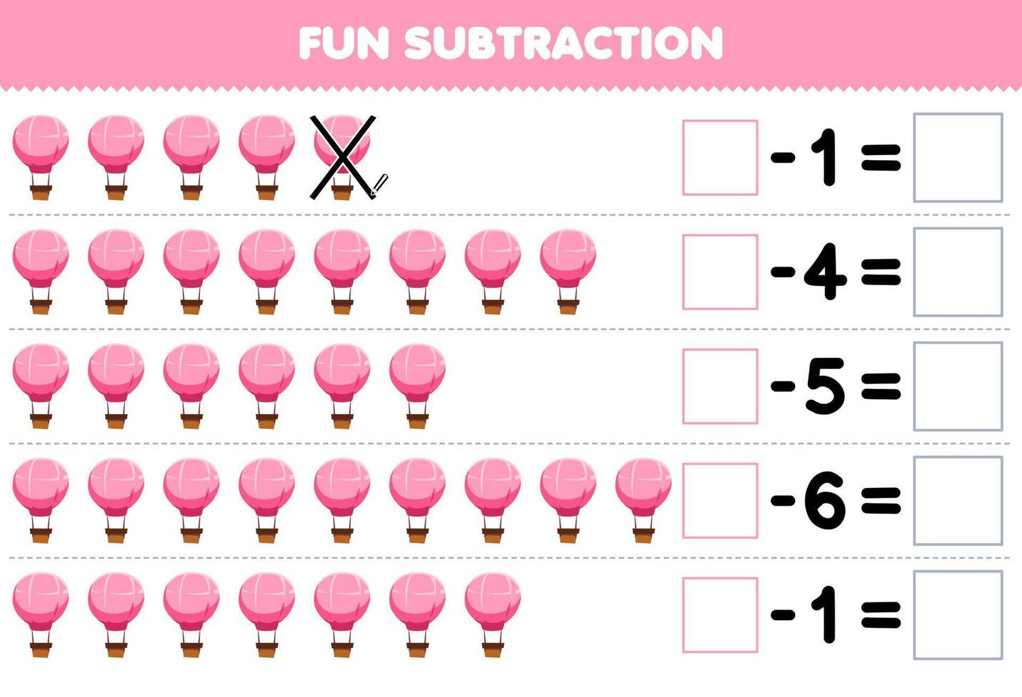 utbildning spel för barn roligt subtraktion förbi räkning tecknad serie rosa ballong i varje rad och eliminera den tryckbar transport kalkylblad vektor