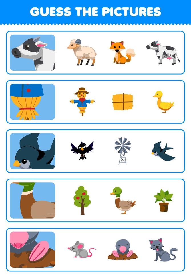utbildning spel för barn gissa de korrekt bilder av söt tecknad serie ko scarecrow fågel Anka mol tryckbar bruka kalkylblad vektor