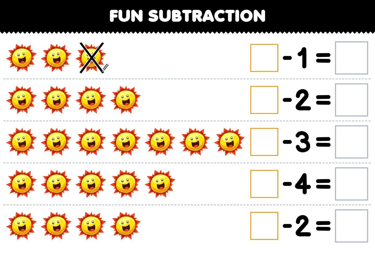 Lernspiel für Kinder Spaßsubtraktion durch Zählen der niedlichen Cartoon-Sonne in jeder Reihe und Eliminieren des druckbaren Sonnensystem-Arbeitsblatts vektor