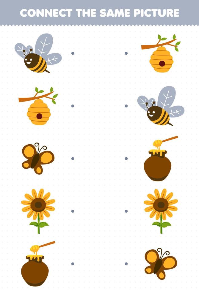 Bildungsspiel für Kinder Verbinden Sie das gleiche Bild des niedlichen Cartoon-Bienen-Bienenstock-Schmetterlings-Sonnenblumen-Honig-Bauernhof-Arbeitsblatts zum Ausdrucken vektor