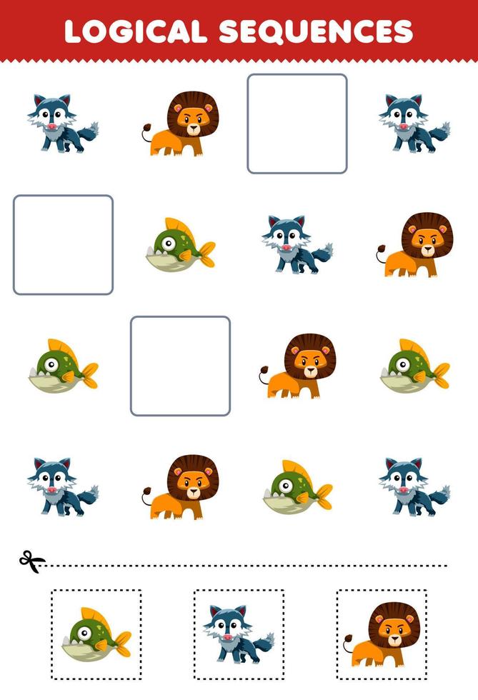 Lernspiel für Kinder logische Sequenzen für Kinder mit niedlichem Cartoon-Wolf-Löwe-Piranha-Fisch-Bild zum Ausdrucken des Fleischfresser-Tier-Arbeitsblatts vektor