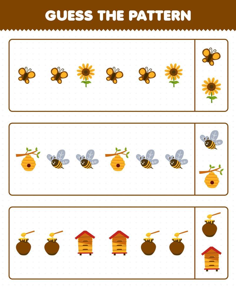 Bildungsspiel für Kinder Erraten Sie das Muster jeder Reihe aus dem niedlichen Cartoon-Schmetterlings-Sonnenblumen-Bienenstock-Bienen-Honig-Bauernhof-Arbeitsblatt zum Ausdrucken vektor