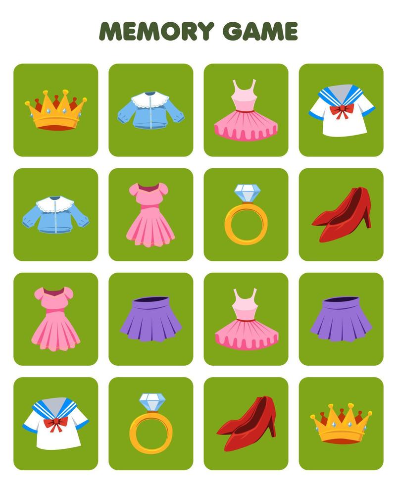 utbildning spel för barn minne till hitta liknande bilder av tecknad serie krona blus tutu enhetlig klänning ringa hälar kjol tryckbar kläder kalkylblad vektor