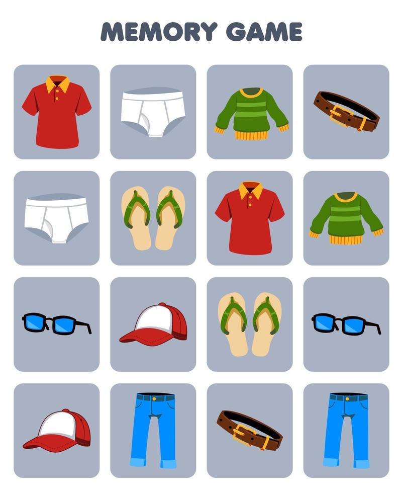 Lernspiel für Kinder, Gedächtnis, um ähnliche Bilder von Cartoon-Polohemd, Unterhose, Pullover, Gürtel, Pantoffel, Brille, Mütze, Jeans, Arbeitsblatt für druckbare Kleidung zu finden vektor