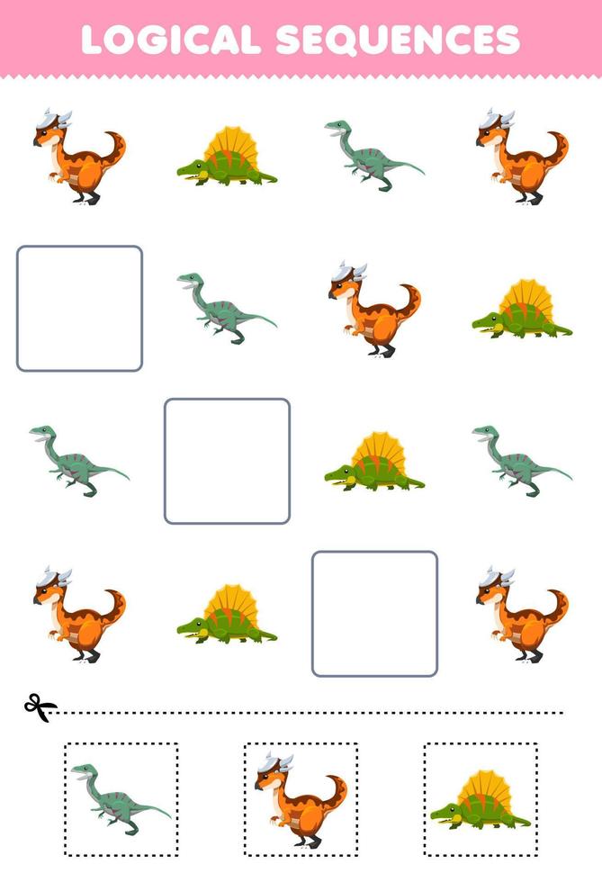 Lernspiel für Kinder Logische Sequenzen für Kinder mit niedlichem Cartoon-Stygimoloch Dimetrodon Velociraptor Druckbares prähistorisches Dinosaurier-Arbeitsblatt vektor