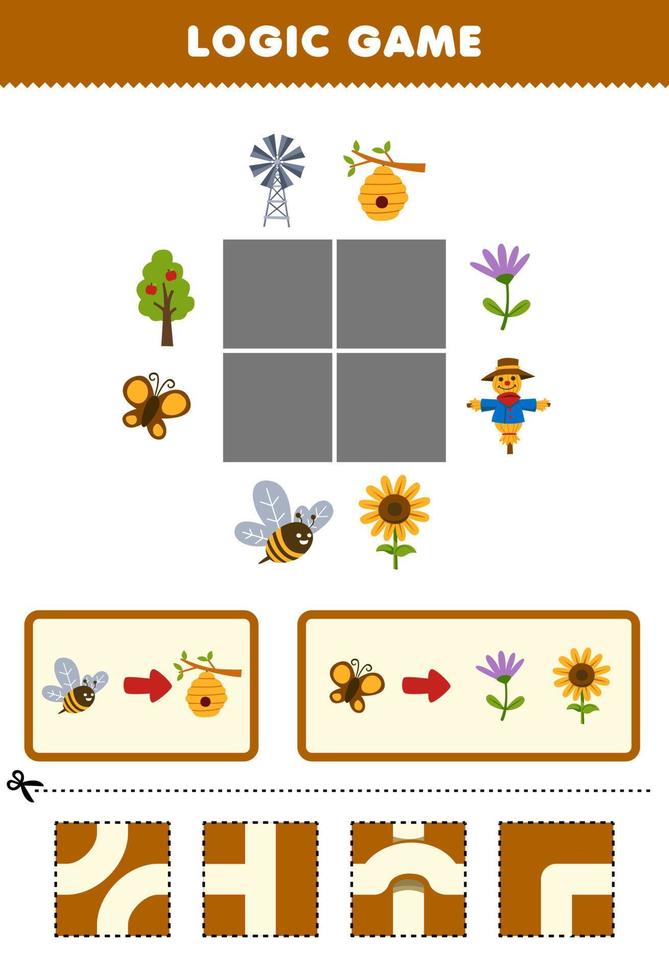 Bildungsspiel für Kinder Logikpuzzle Bauen Sie die Straße für niedliche Cartoon-Bienen und Schmetterlinge zum Ausdrucken Farm Arbeitsblatt vektor