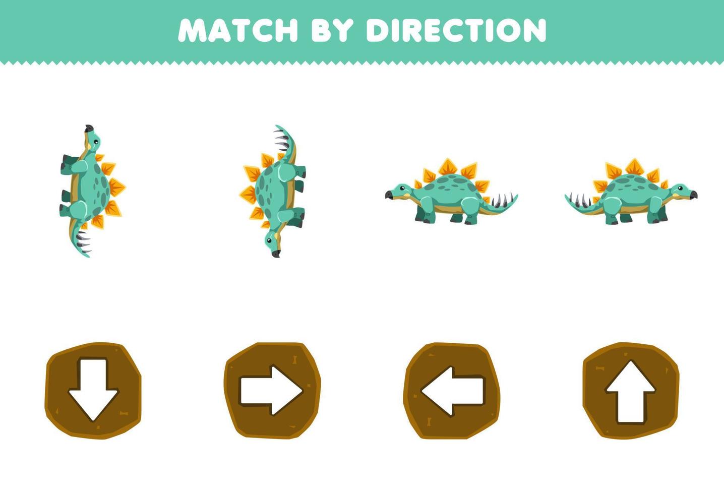 Bildungsspiel für Kinder, Übereinstimmung nach Richtung links, rechts, oben oder unten, Ausrichtung des niedlichen Cartoon-Stegosaurus, druckbares prähistorisches Dinosaurier-Arbeitsblatt vektor