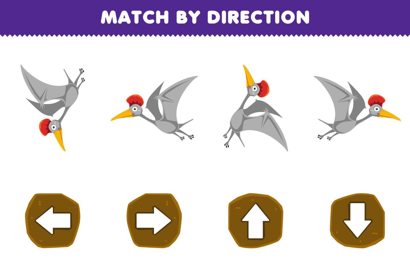 utbildning spel för barn match förbi riktning vänster rätt upp eller ner orientering av söt tecknad serie hatzegopteryx tryckbar förhistorisk dinosaurie kalkylblad vektor