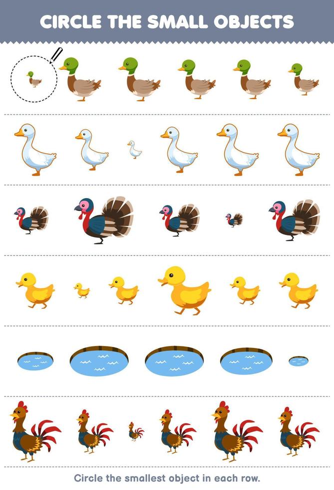 utbildning spel för barn cirkel de minsta objekt i varje rad av söt tecknad serie Anka ankunge gås Kalkon kyckling damm tryckbar bruka kalkylblad vektor