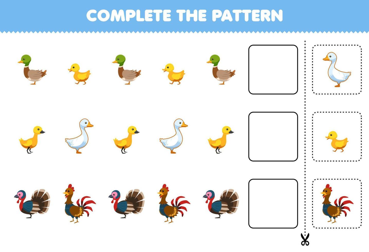 Bildungsspiel für Kinder Vervollständigen Sie das Muster logisches Denken Finden Sie die Regelmäßigkeit und setzen Sie die Reihenaufgabe mit Cartoon-Ente-Entlein-Gans-Truthahn-Huhn fort vektor