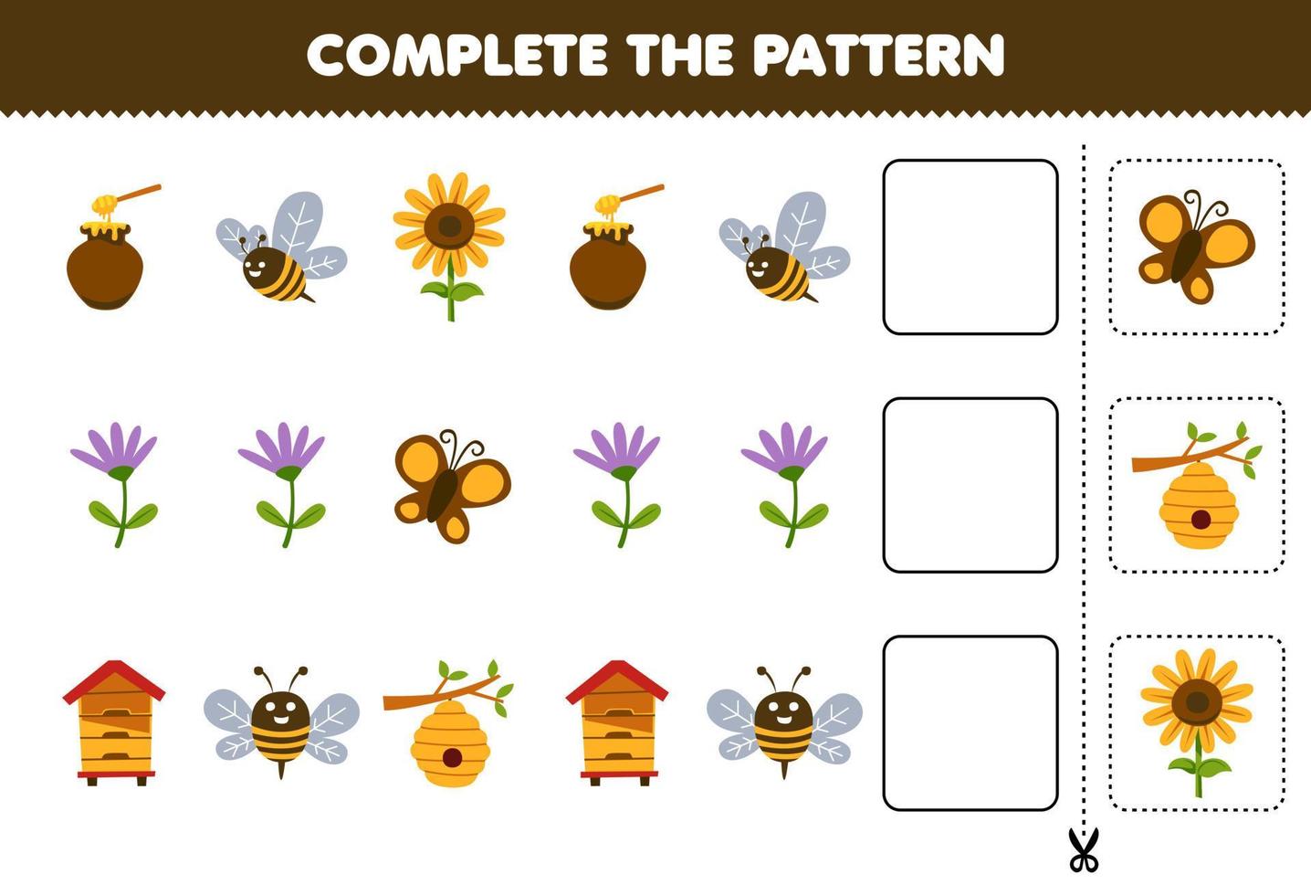 Bildungsspiel für Kinder Vervollständigen Sie das Muster Logisches Denken Finden Sie die Regelmäßigkeit und setzen Sie die Reihenaufgabe mit Cartoon-Bienenstock-Bienen-Sonnenblumen-Schmetterlings-Honig fort vektor