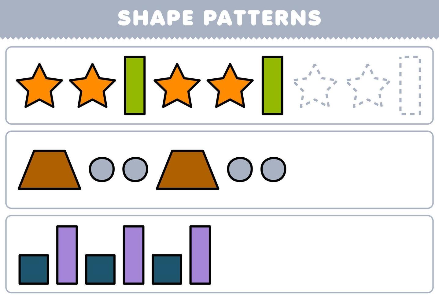 utbildning spel för barn komplett de mönster från stjärna rektangel trapezoid cirkel fyrkant rektangel geometrisk former kalkylblad vektor