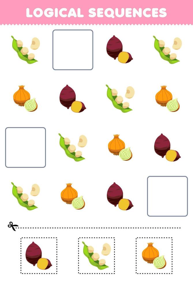 utbildning spel för barn logisk sekvenser för barn med söt tecknad serie ärta lök jams tryckbar vegetabiliska kalkylblad vektor