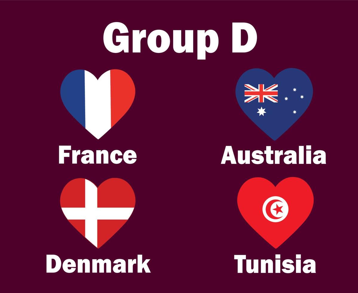 Frankrike danemark Australien och tunisien flagga hjärta grupp d med länder namn symbol design fotboll slutlig vektor länder fotboll lag illustration