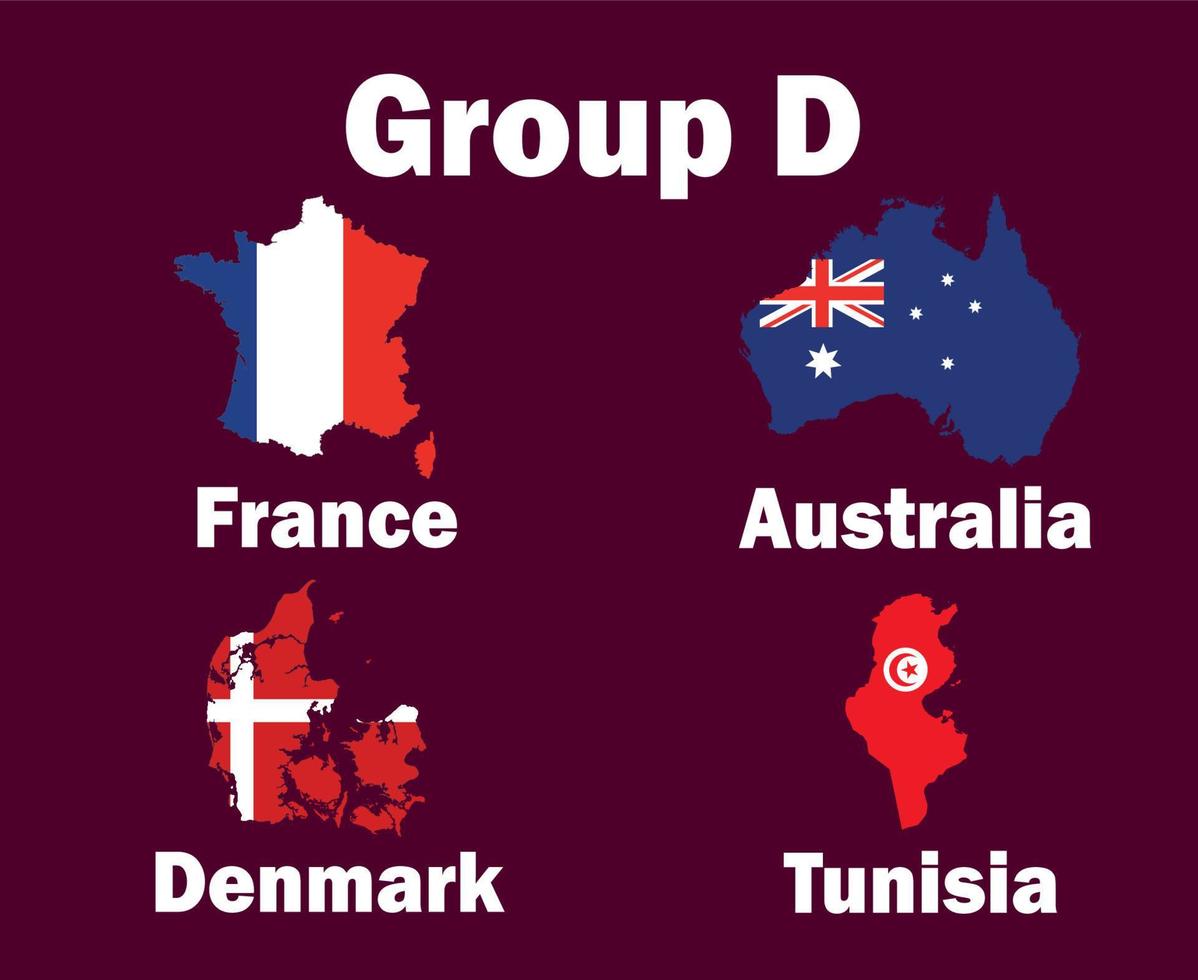 frankreich dänemark australien und tunesien karte flag gruppe d mit ländernamen symbol design fußball finale vektor länder fußballmannschaften illustration