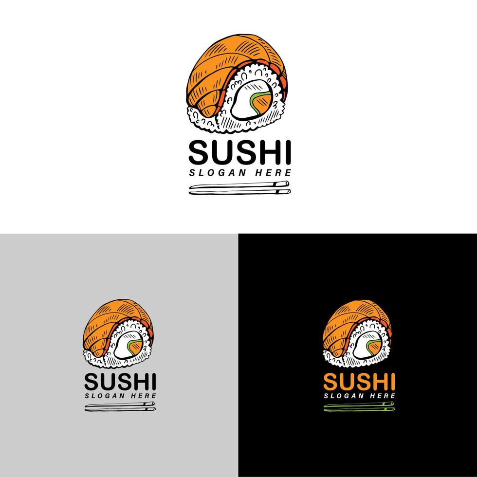 sushi vektor logotyp. grafisk symbol med fisk skära in i sushi och rullar