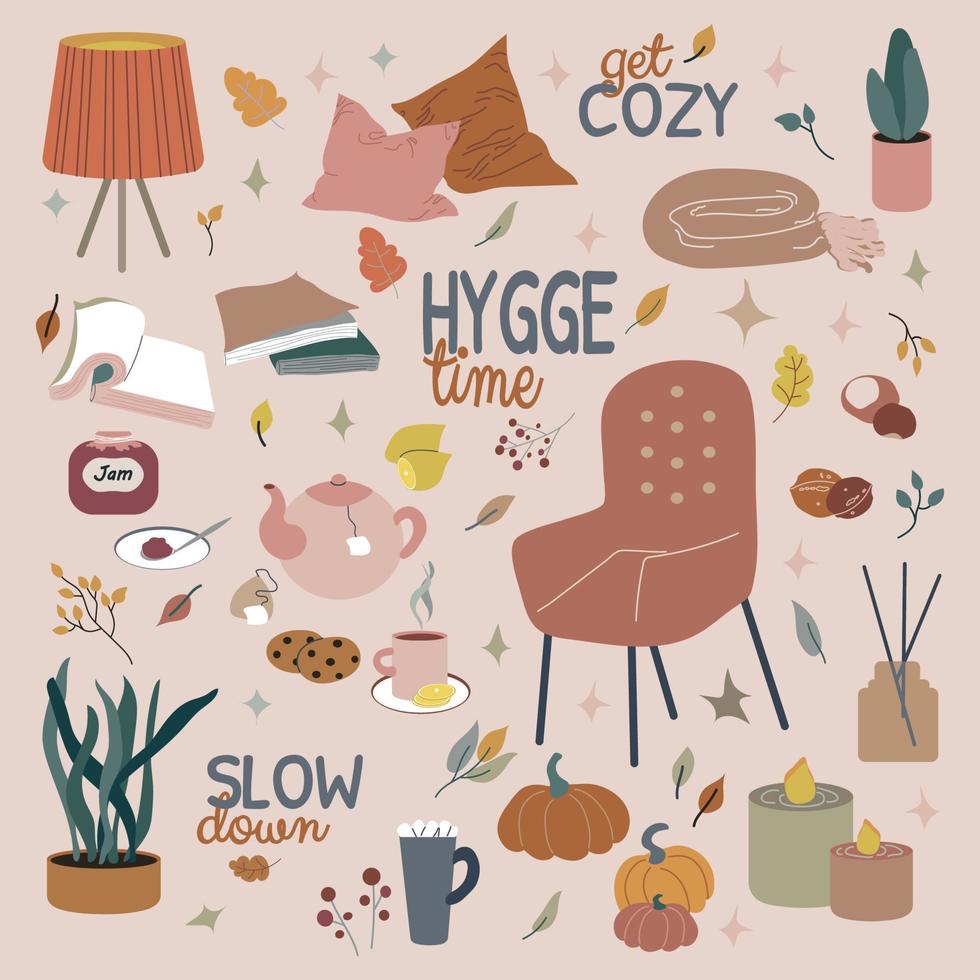 hygge time herbst und winter setzen vektorillustration vektor