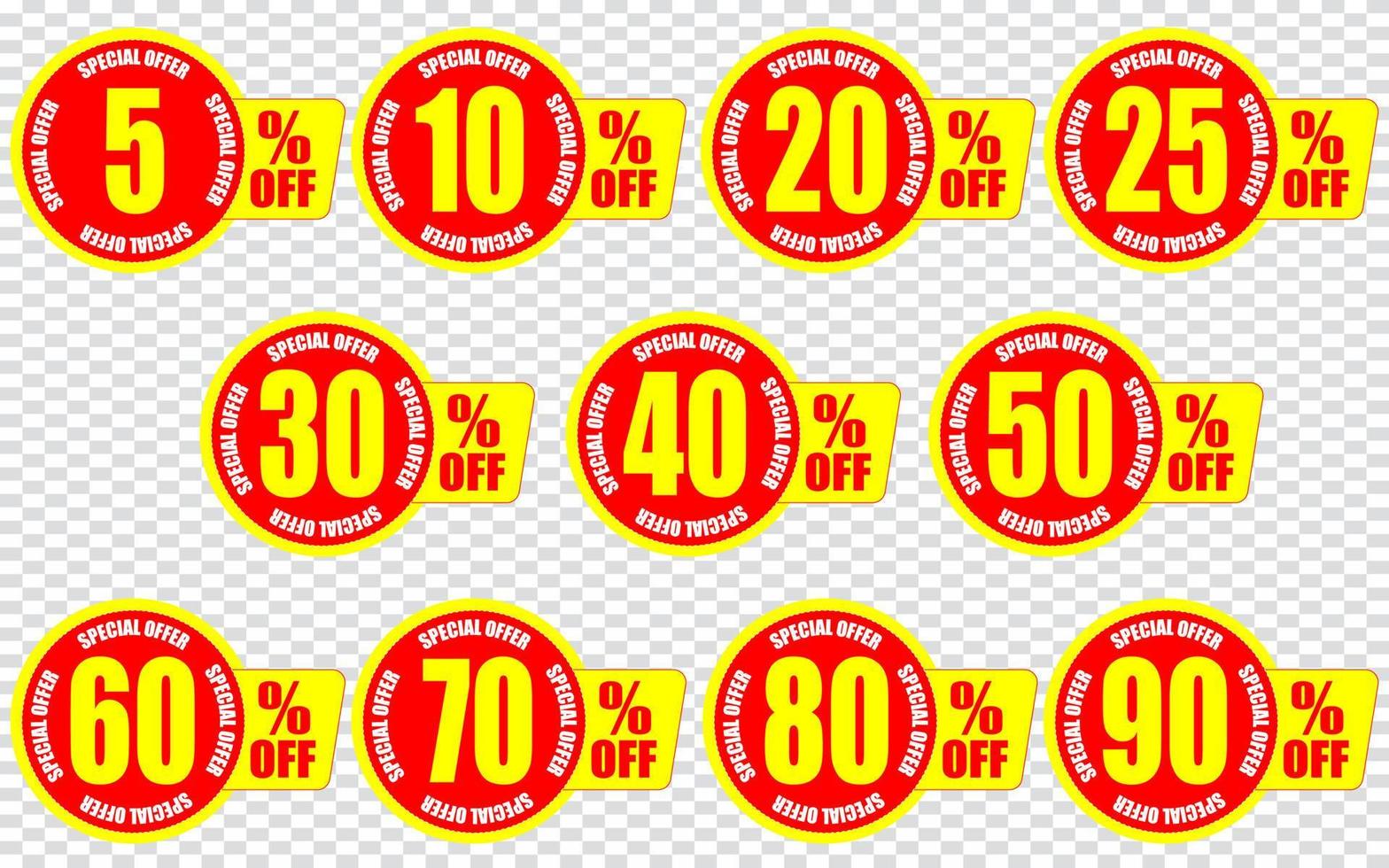 5, 10, 20, 25, 30, 40, 50, 60, 70, 80, 90 Prozent Rabatt, Rabatt-Aufkleber-Set für Shop, Einzelhandel, Promotion vektor