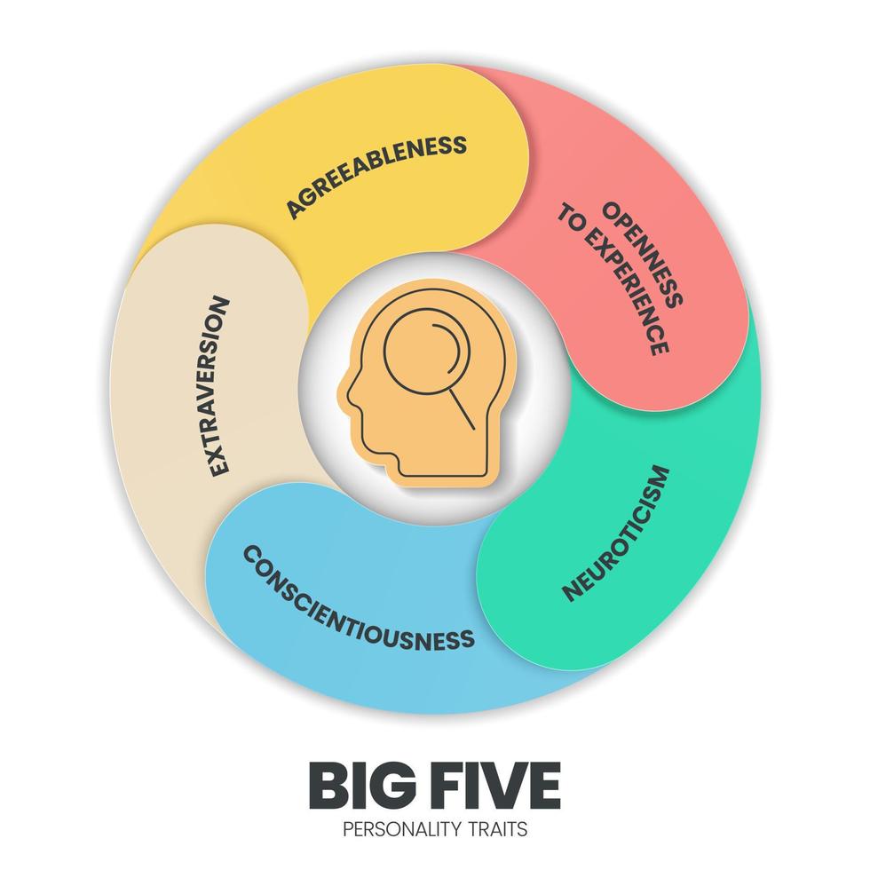 Big Five Persönlichkeitsmerkmale Infografik hat 4 Persönlichkeitstypen wie Verträglichkeit, Offenheit für Erfahrungen, Neurotizismus, Gewissenhaftigkeit und Extraversion. visueller Folienpräsentationsvektor. vektor