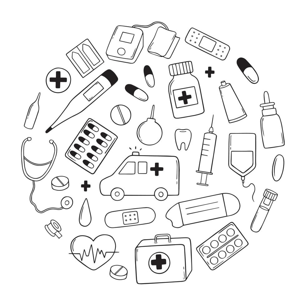 handritad uppsättning medicin doodles. medicinutrustning, droger, piller, apotek i skissstil. vektor illustration isolerad på vit bakgrund.