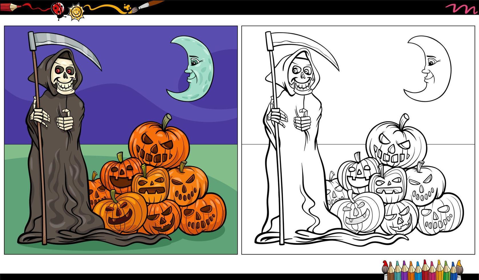 Cartoon Halloween Sensenmann Charakter Malseite vektor