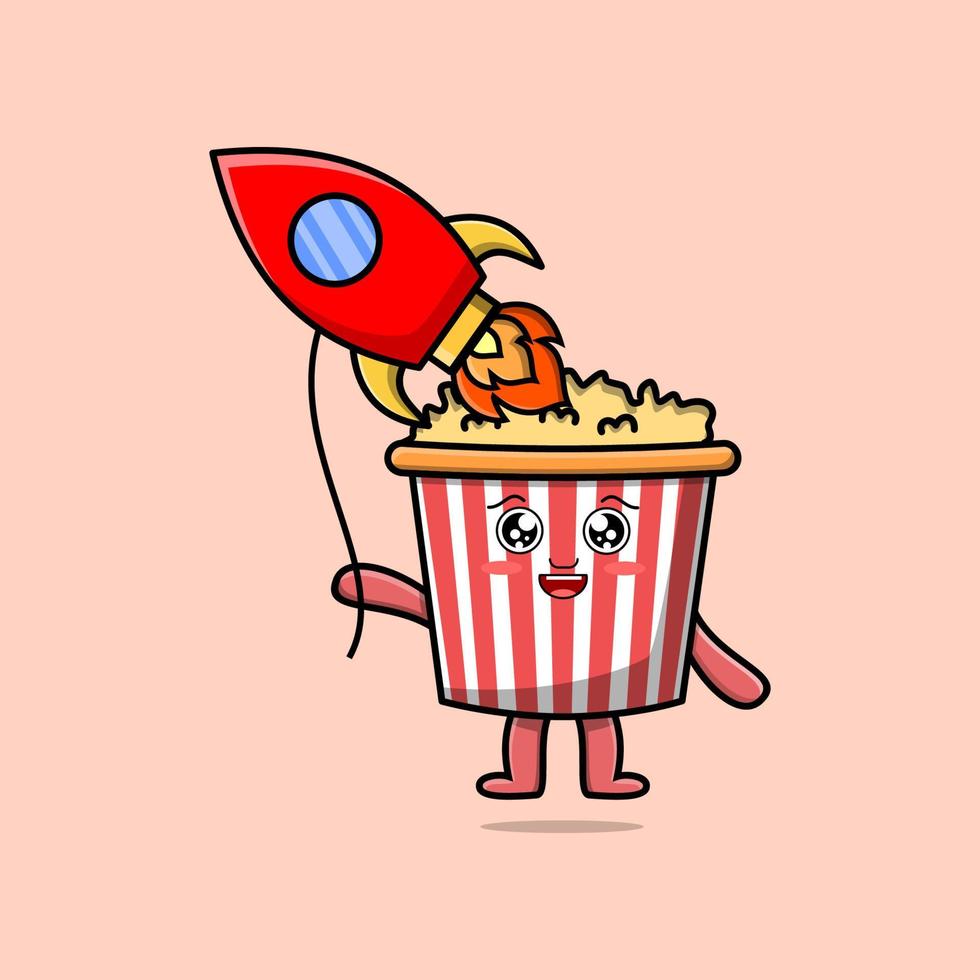 söt tecknad serie popcorn flytande med raket ballong vektor