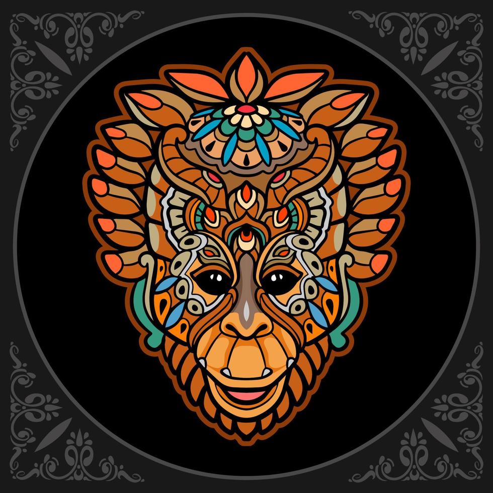 Bunte Affenkopf-Mandala-Kunst isoliert auf schwarzem Hintergrund vektor