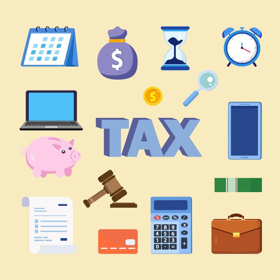 Steuervektorkonzept. Steuerwort mit Hammer, Geld und digitalem Gerät, flacher Vektor