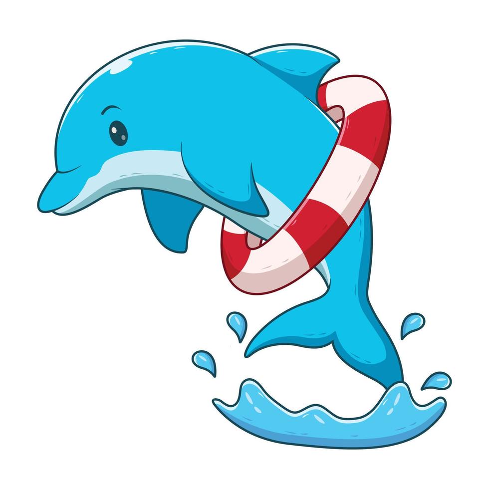 niedliche delfine spielen mit schwimmenden ringen cartoon. Tier-Icon-Konzept. flacher Cartoon-Stil. geeignet für web-landingpage, banner, flyer, aufkleber, karte vektor