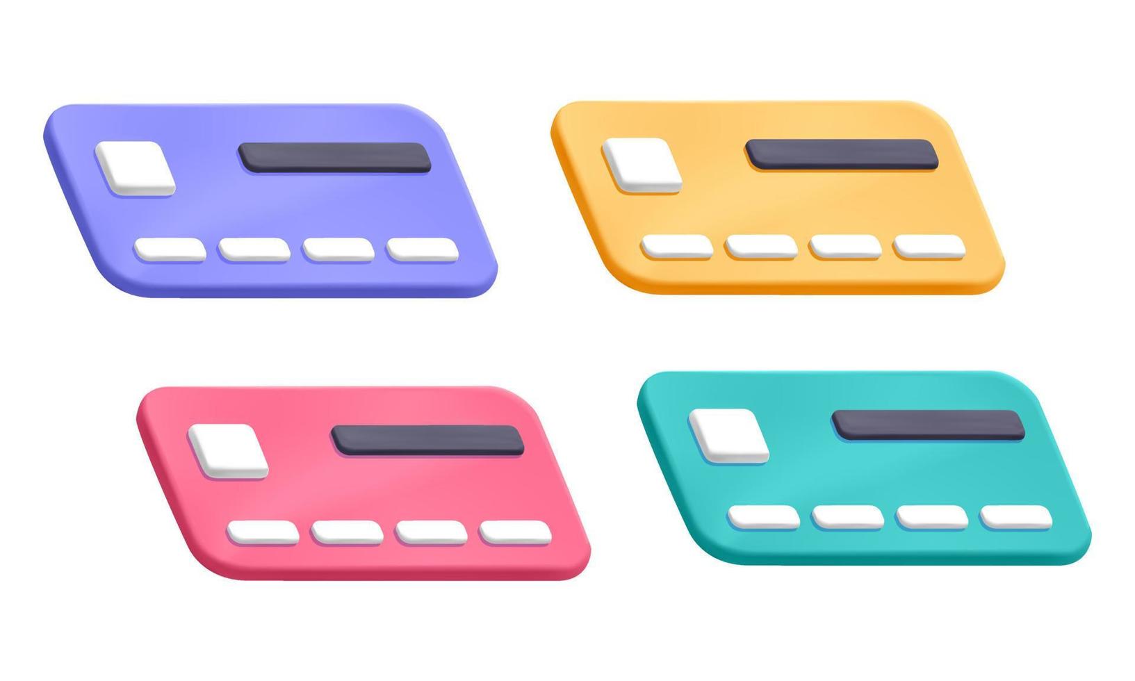 3D-Vektorsammlung von mehrfarbigen Kreditkarten für Online-Zahlungs- und Shopping-Icon-Design vektor
