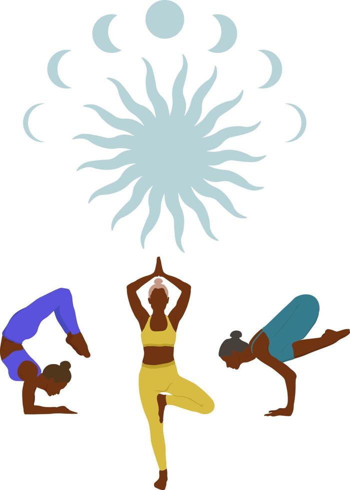 uppsättning av smal atletisk ung kvinna håller på med yoga och kondition. friska livsstil. samling av kvinna tecknad serie tecken demonstrera olika yoga positioner isolerat på vit bakgrund - vektor