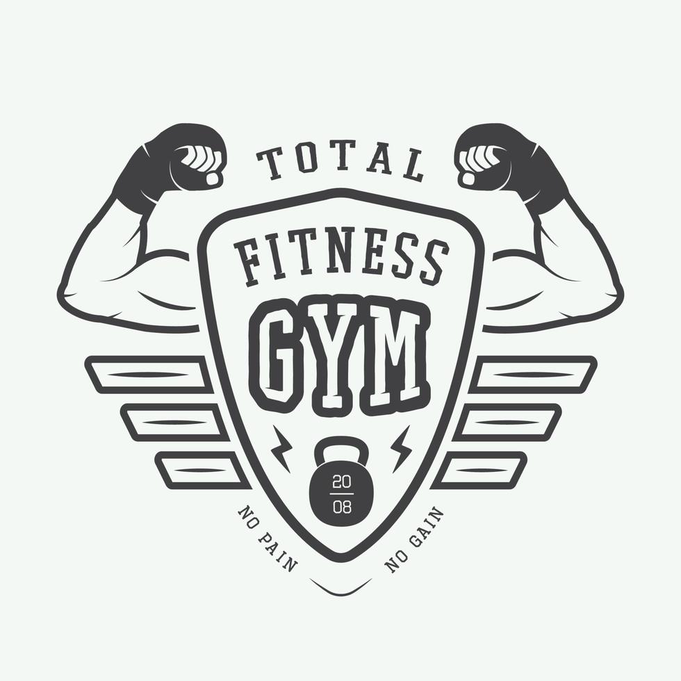 Gym logotyp, märka och eller bricka årgång stil. vektor illustration