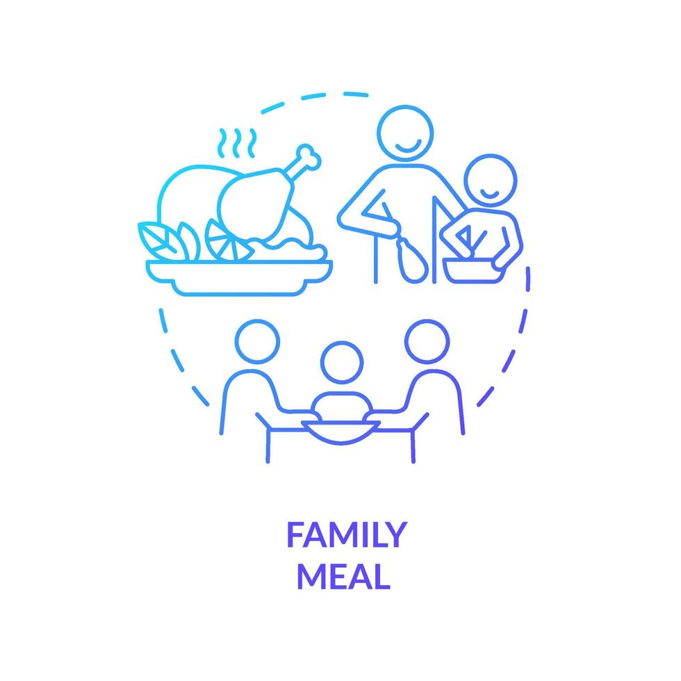 Symbol für das blaue Farbverlaufskonzept der Familienmahlzeit. mit Familienmitgliedern zu Abend essen. Qualitätszeit zusammen abstrakte Idee dünne Linie Illustration. isolierte Umrisszeichnung. vektor