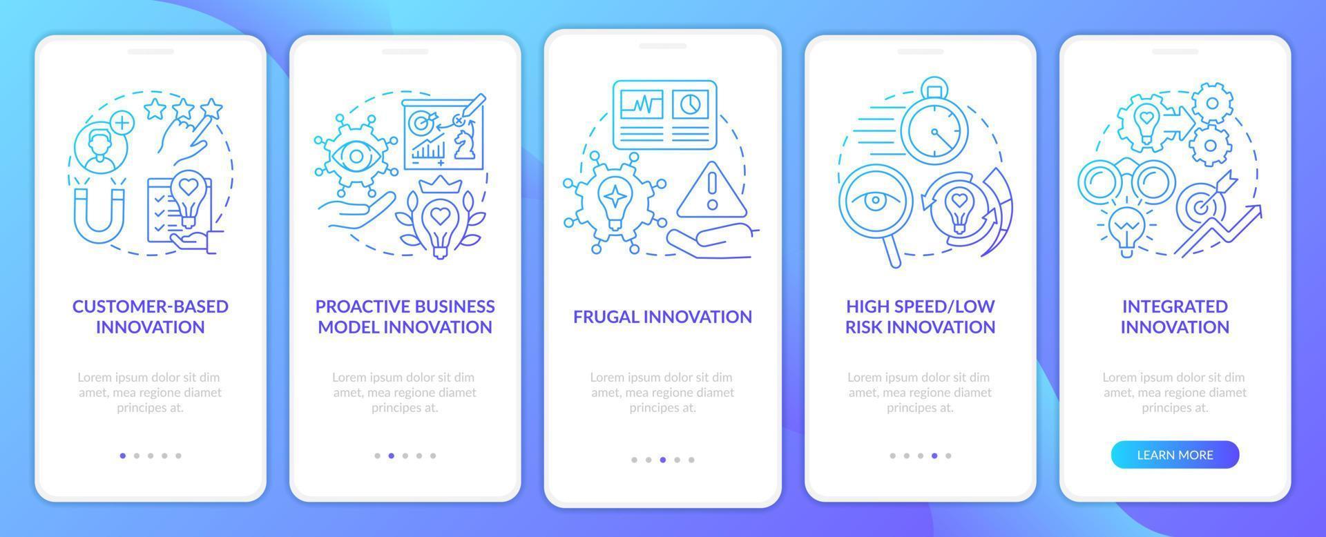 zukünftige Innovationsideen Blauer Farbverlauf beim Onboarding des Bildschirms der mobilen App. Komplettlösung 5 Schritte grafische Anleitungsseiten mit linearen Konzepten. ui, ux, gui-Vorlage. vektor