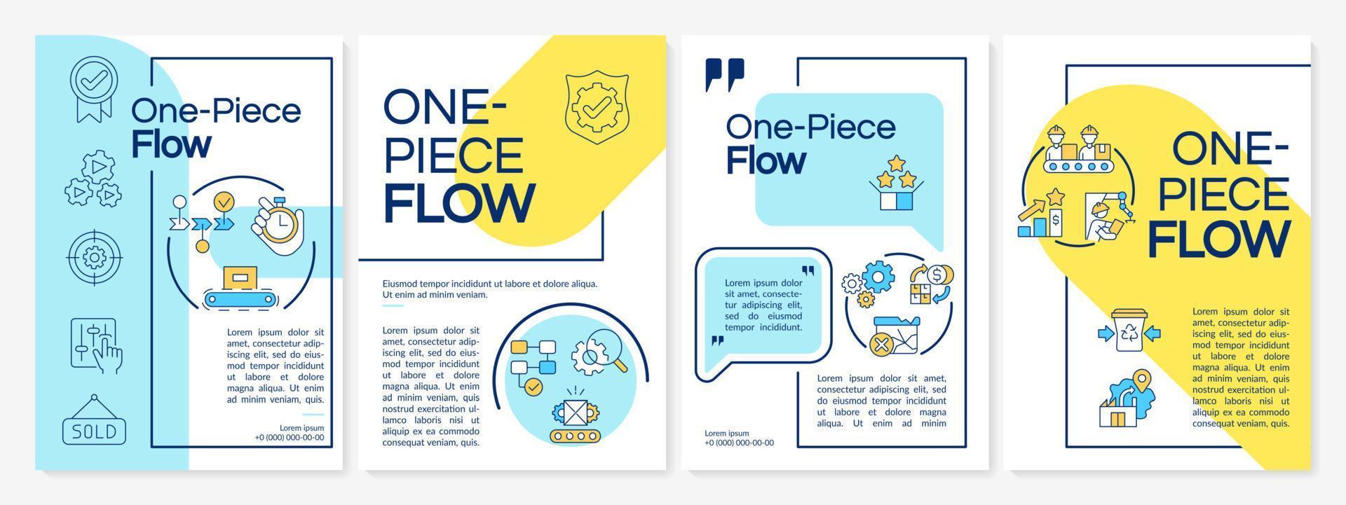 One Piece Flow gelbe und blaue Broschürenvorlage. schlanke Fertigung. Broschürendesign mit linearen Symbolen. 4 Vektorlayouts für Präsentationen, Jahresberichte. vektor