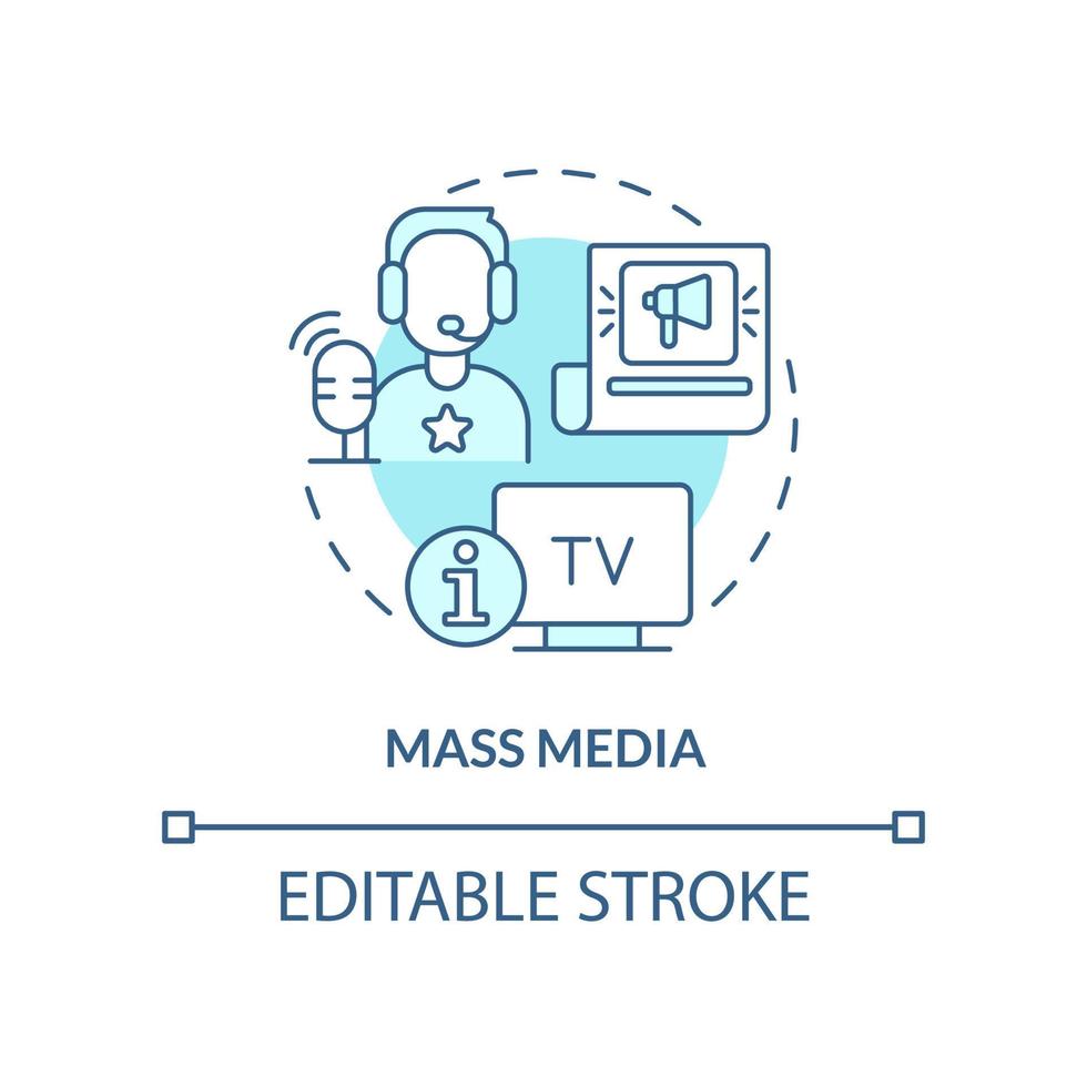 massa media turkos begrepp ikon. stor publik kommunikation. social institution abstrakt aning tunn linje illustration. isolerat översikt teckning. redigerbar stroke. vektor