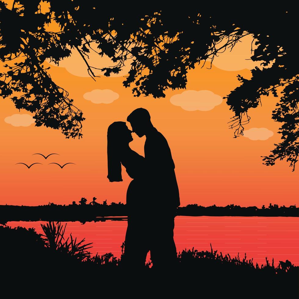 romantische Landschaftsschattenbild des glücklichen Paars in der Sonnenuntergangnaturvektorlandschaftsillustration vektor